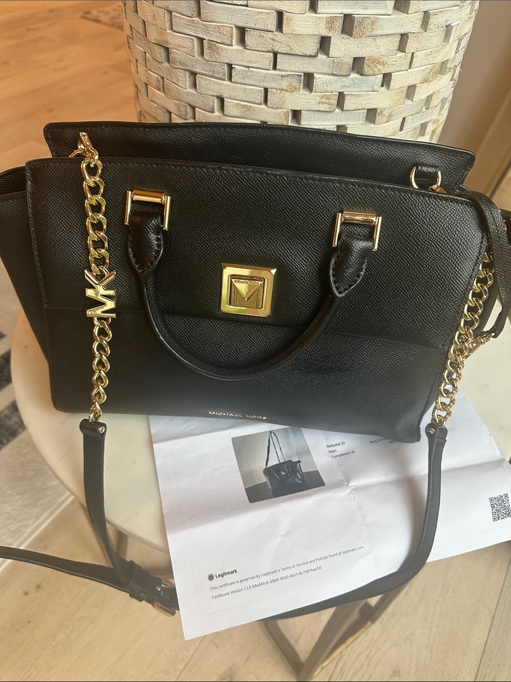 Michael Kors Black Saffiano Satchel with Gold Hardware and Chain Strap